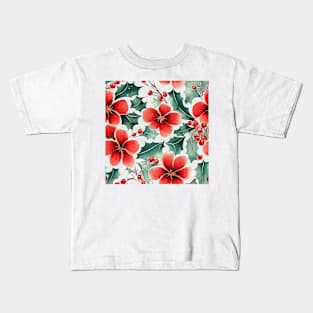 Christmas Red and Green Flowers with Holly Design on White Background Kids T-Shirt